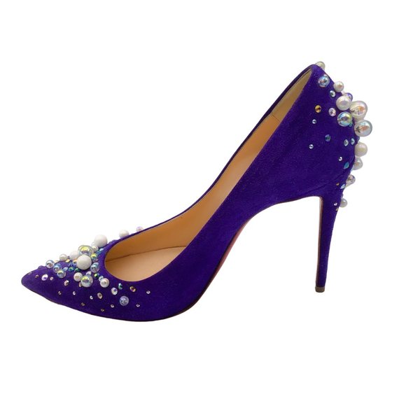 CHRISTIAN LOUBOUTIN CANDIDATE 100 PURPLE EMBELLISHED POINTED TOE SUEDE PUMPS - Picture 3 of 7